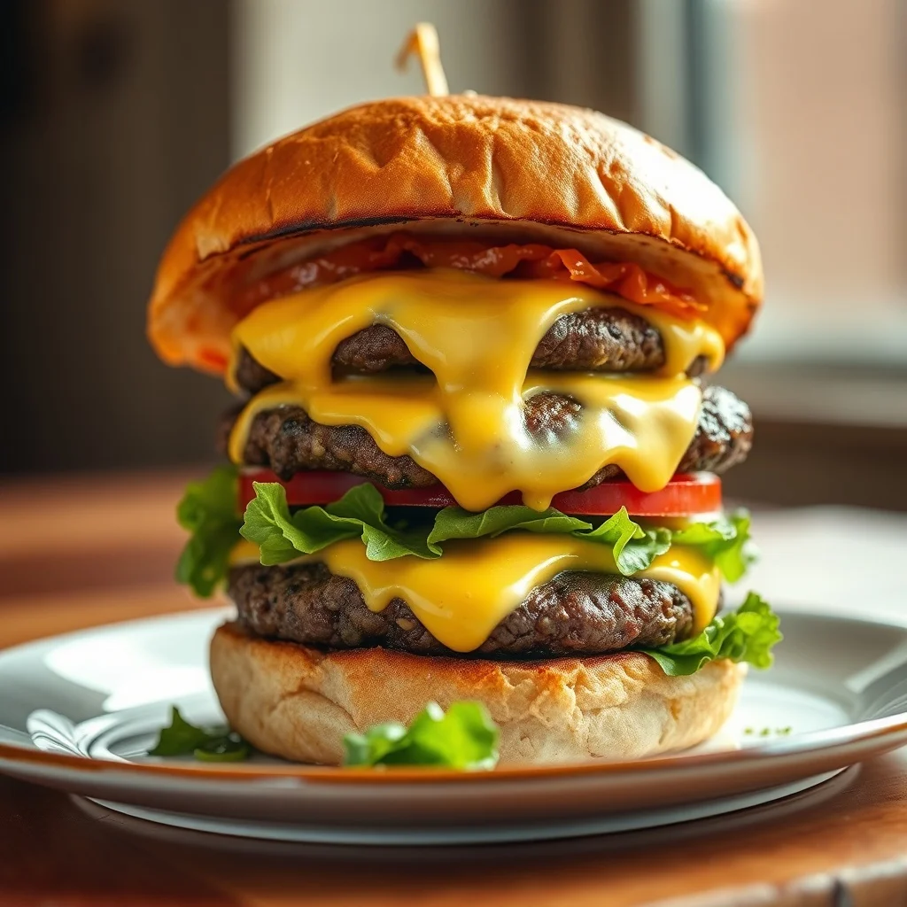Baroque food photo: a stacked smash burger with melted cheese