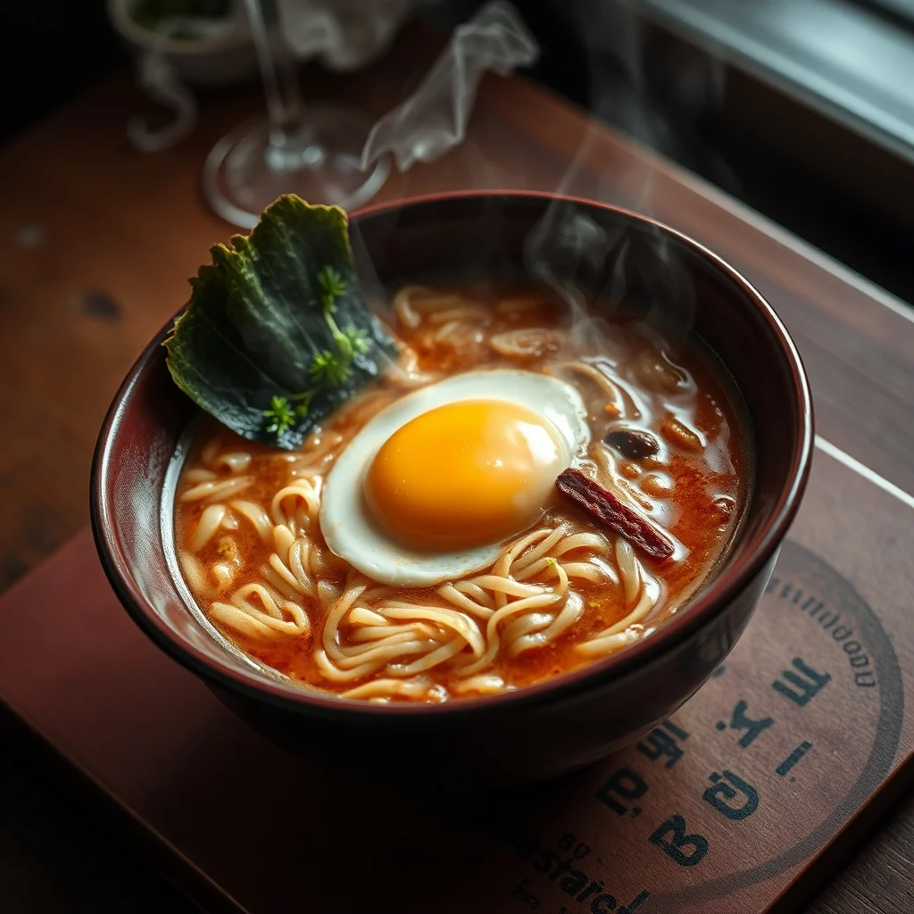 Baroque food photo: a steaming bowl of ramen with soft egg