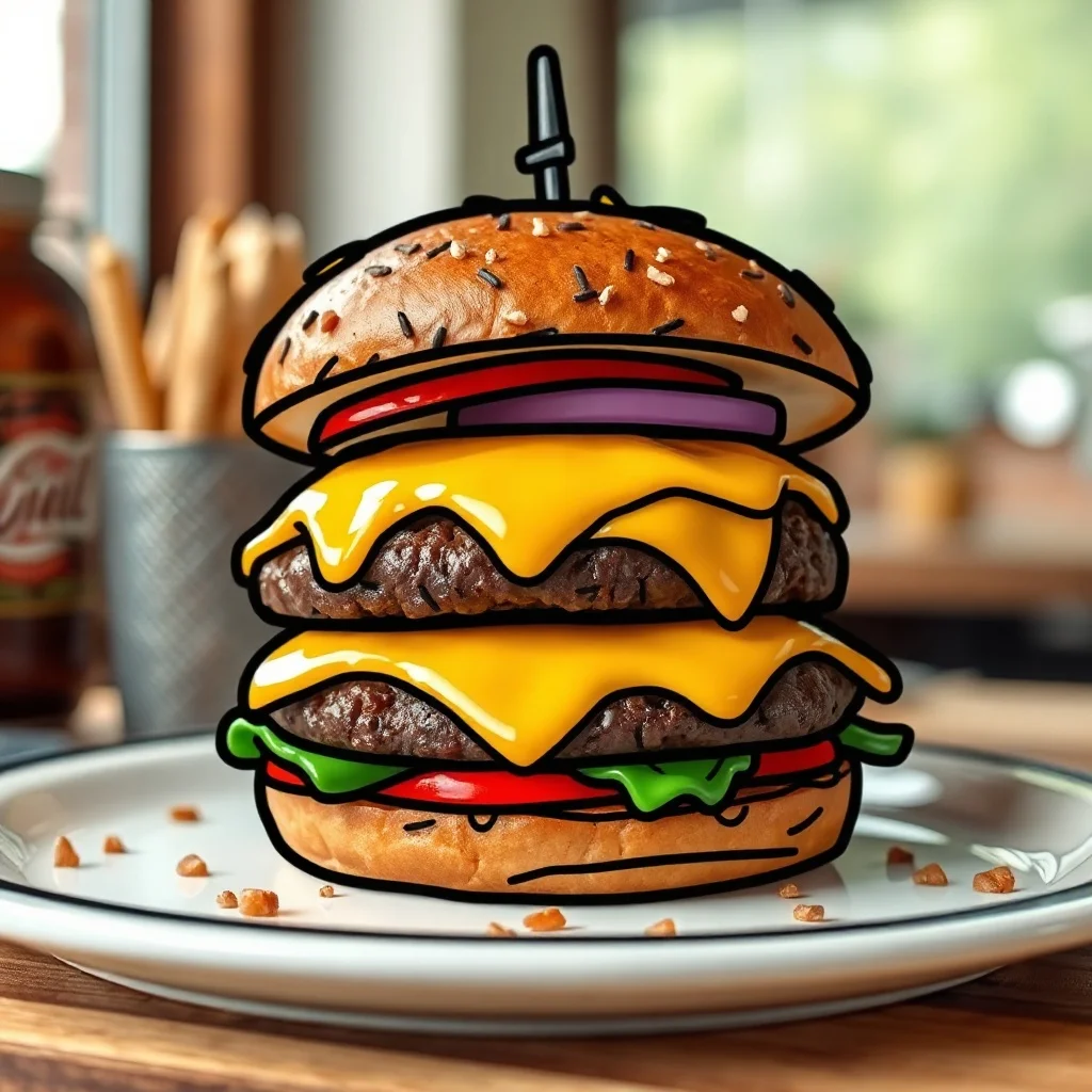 Cartoon food photo: a stacked smash burger with melted cheese