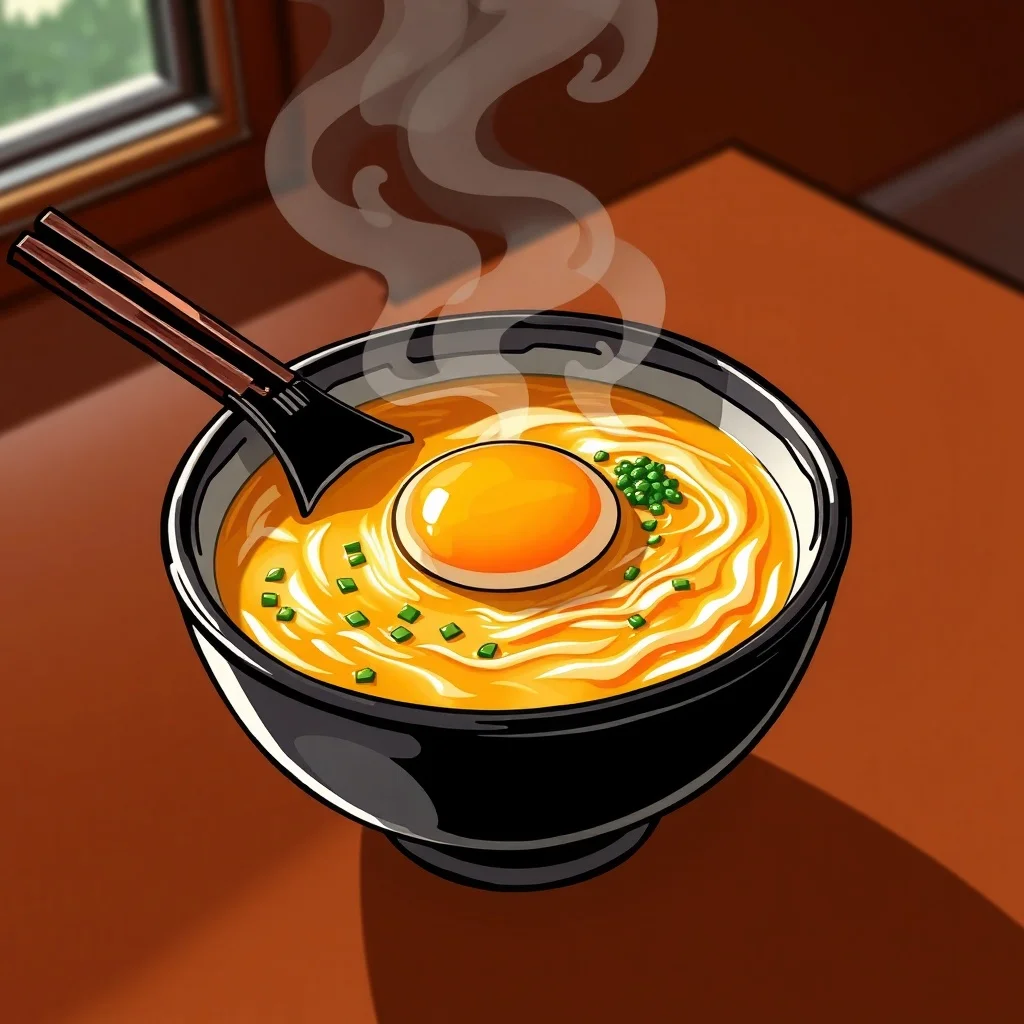 Cartoon food photo: a steaming bowl of ramen with soft egg