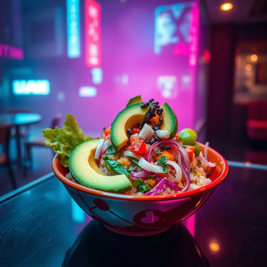 Cyberpunk food photo: a colorful poke bowl with avocado