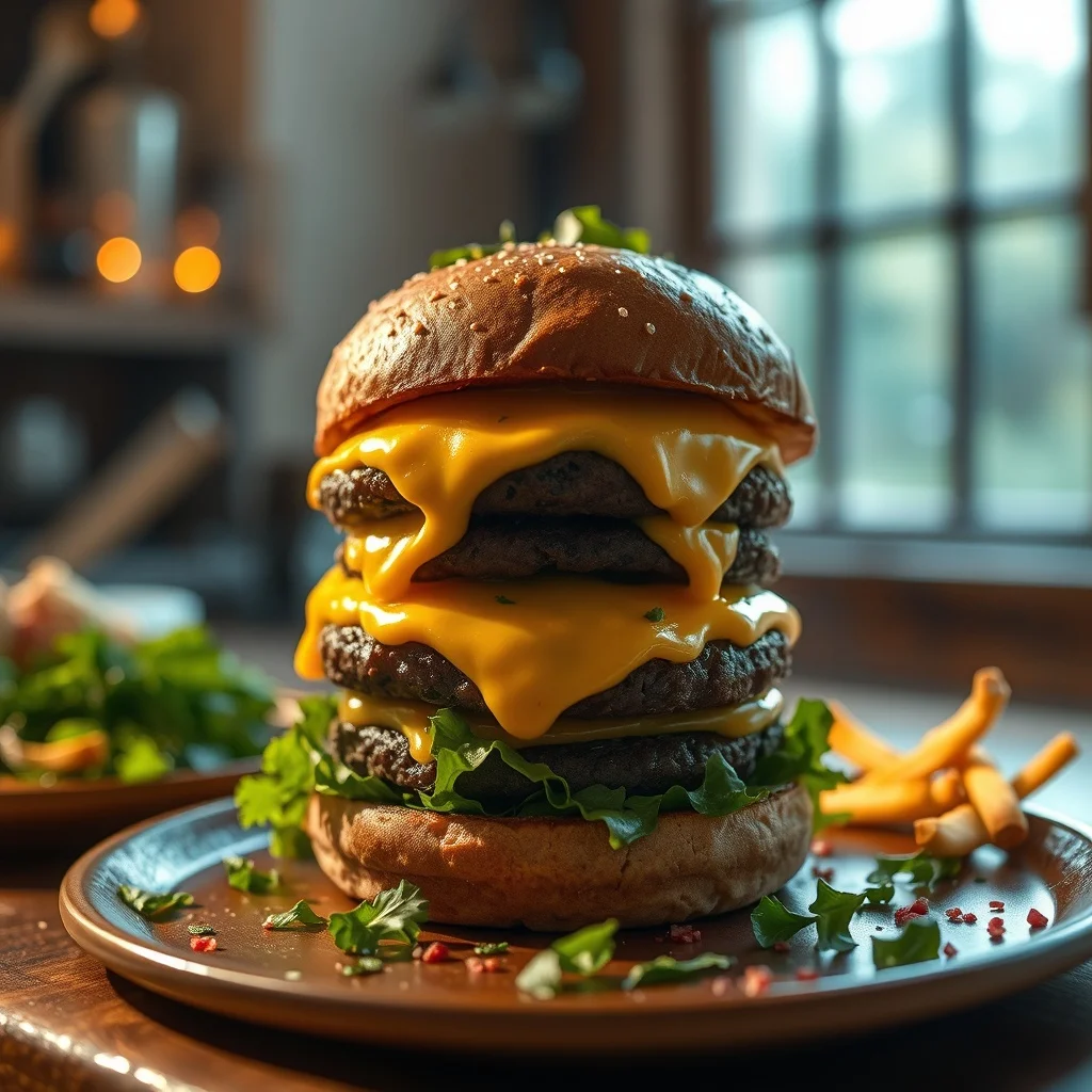 Fantasy food photo: a stacked smash burger with melted cheese