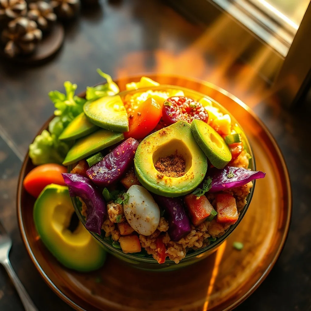 Fantasy food photo: a colorful poke bowl with avocado