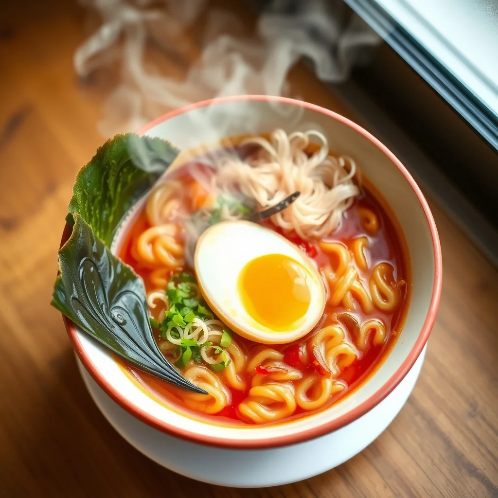 Flat Design food photo: a steaming bowl of ramen with soft egg
