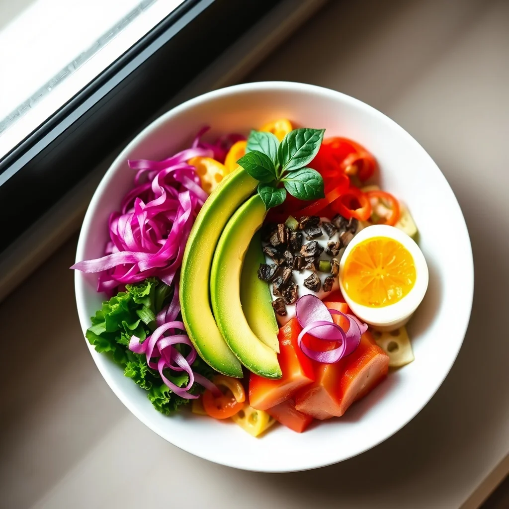 Flat Design food photo: a colorful poke bowl with avocado