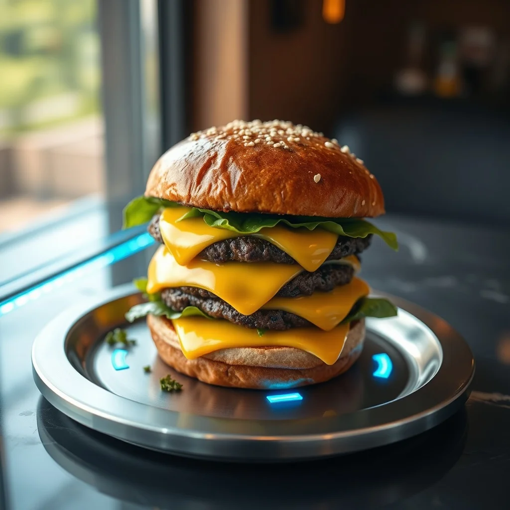 Futuristic food photo: a stacked smash burger with melted cheese