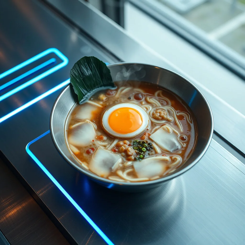 Futuristic food photo: a steaming bowl of ramen with soft egg