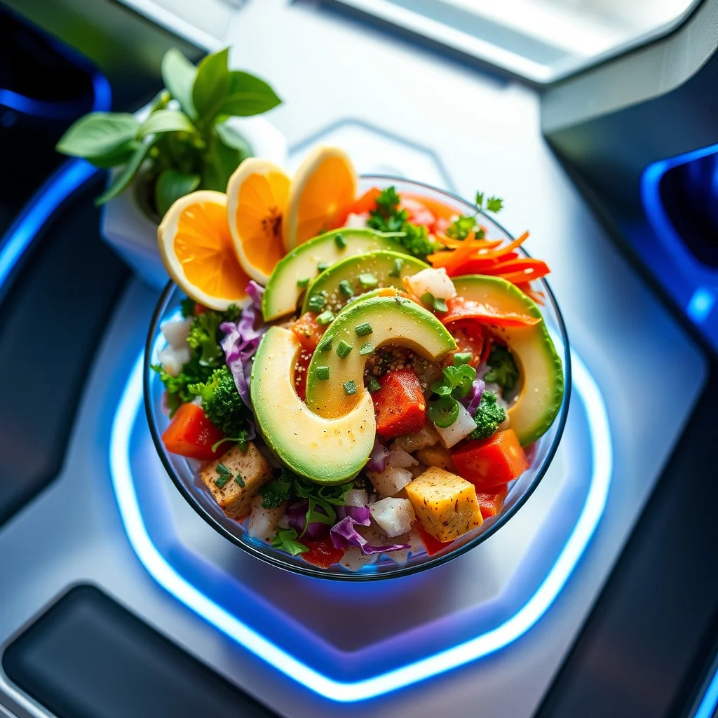 Futuristic food photo: a colorful poke bowl with avocado