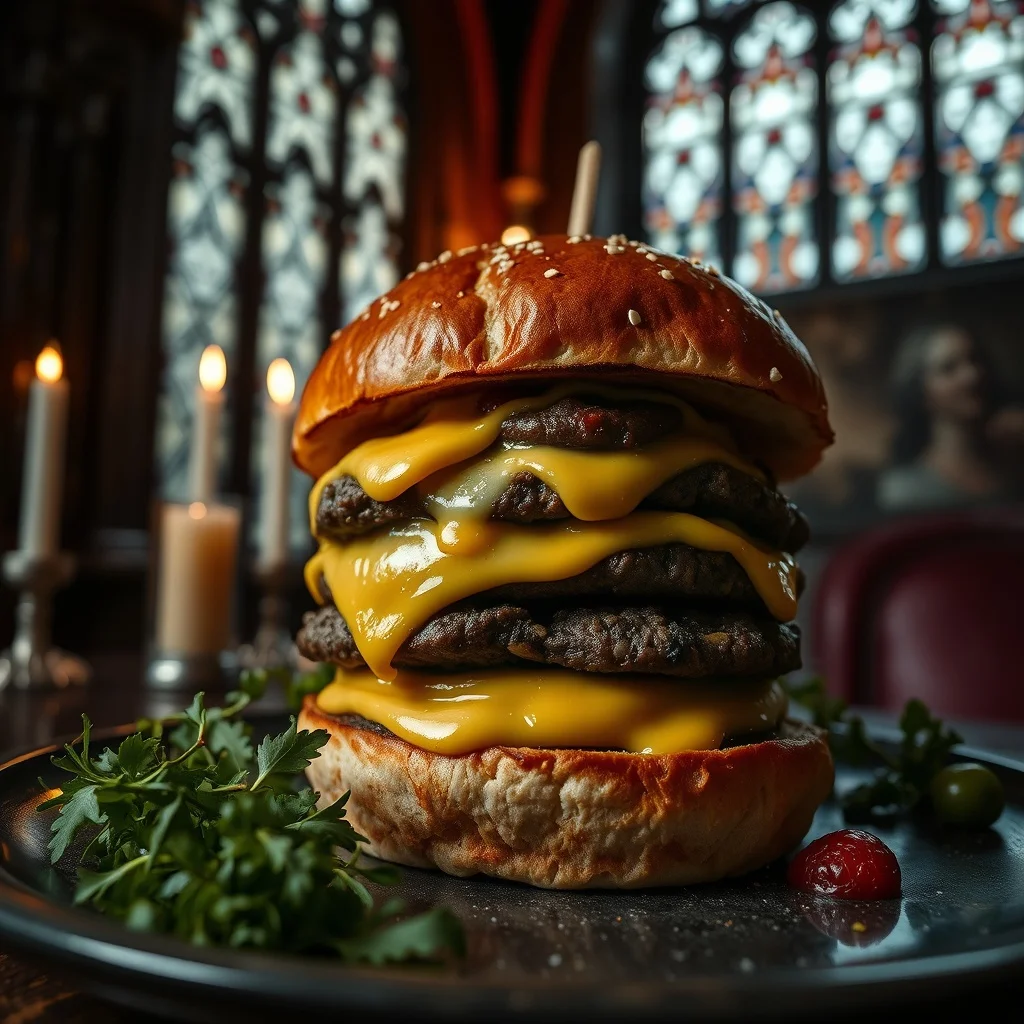 Gothic food photo: a stacked smash burger with melted cheese