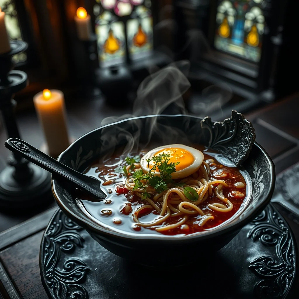 Gothic food photo: a steaming bowl of ramen with soft egg