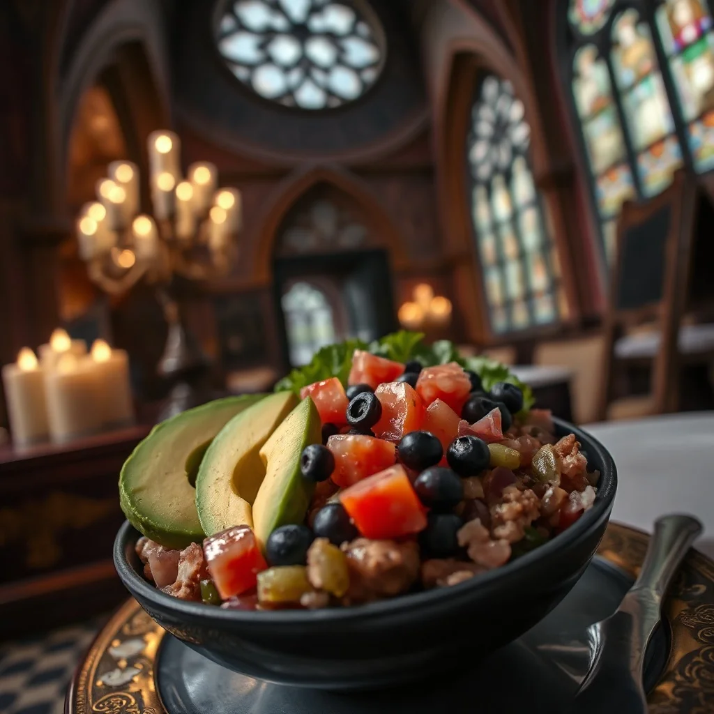 Gothic food photo: a colorful poke bowl with avocado