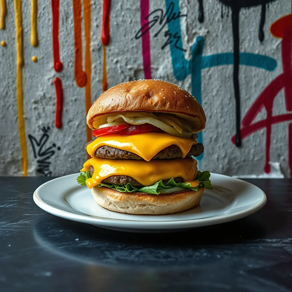 Graffiti food photo: a stacked smash burger with melted cheese