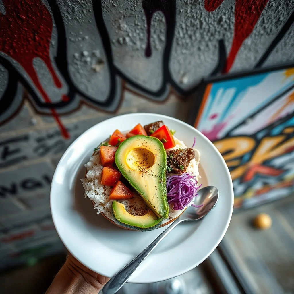 Graffiti food photo: a colorful poke bowl with avocado