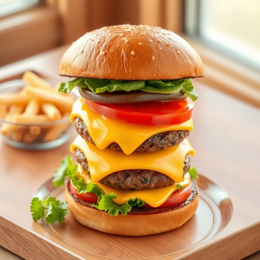 Isometric food photo: a stacked smash burger with melted cheese