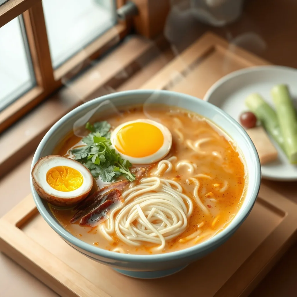 Isometric food photo: a steaming bowl of ramen with soft egg