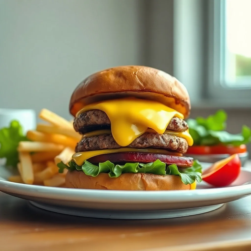 Low Poly food photo: a stacked smash burger with melted cheese