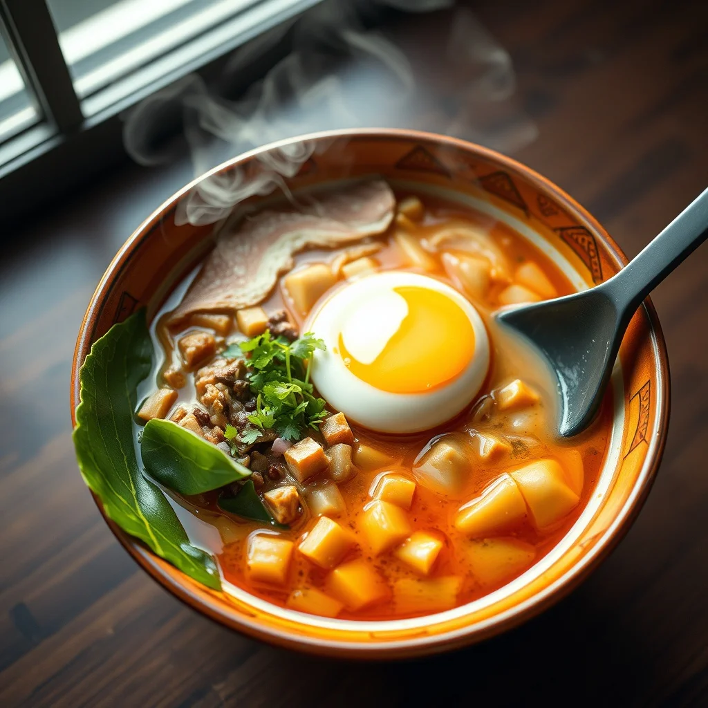 Low Poly food photo: a steaming bowl of ramen with soft egg