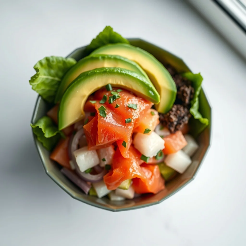 Low Poly food photo: a colorful poke bowl with avocado