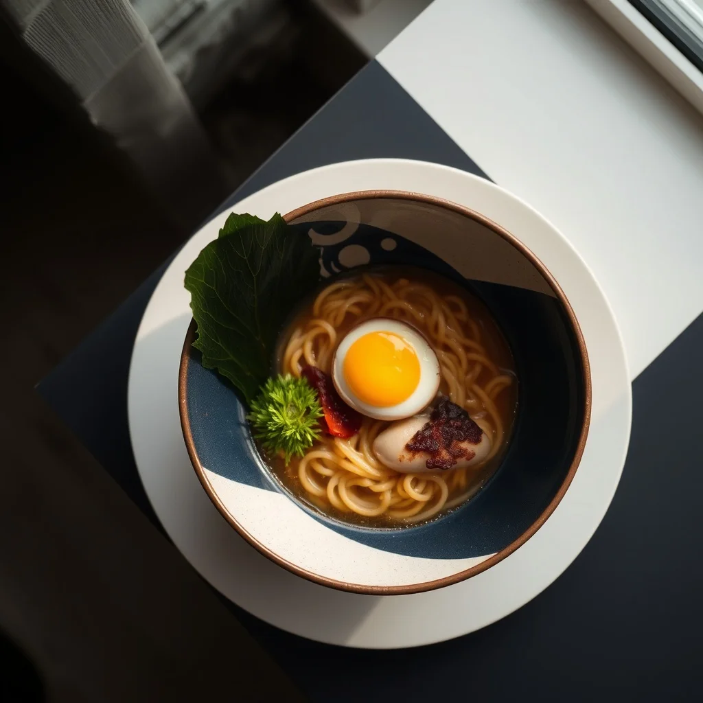 Minimalist food photo: a steaming bowl of ramen with soft egg