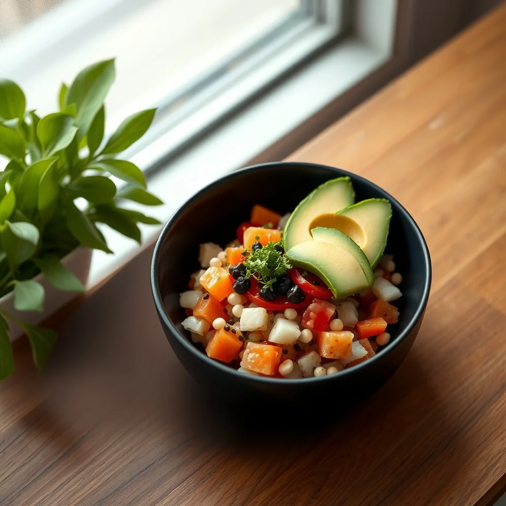 Minimalist food photo: a colorful poke bowl with avocado