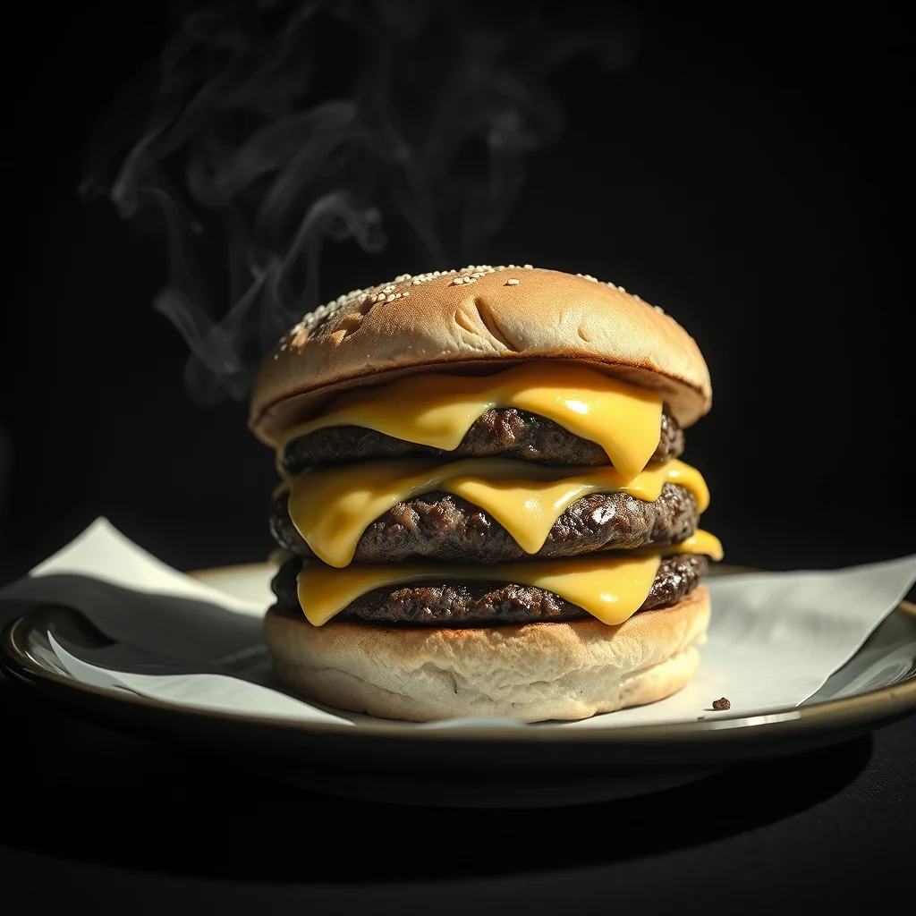 Noir food photo: a stacked smash burger with melted cheese