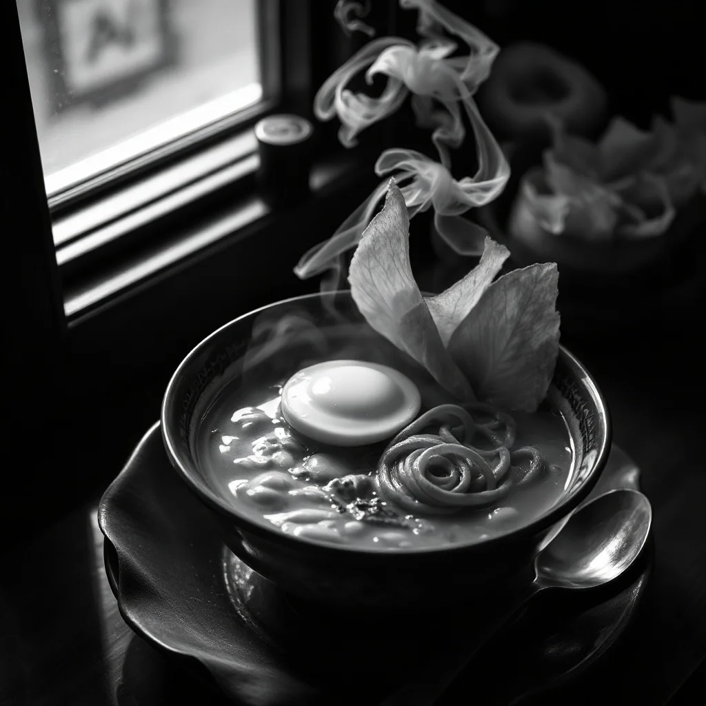 Noir food photo: a steaming bowl of ramen with soft egg