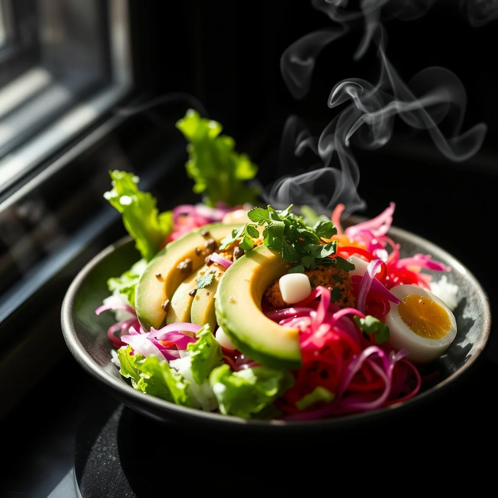 Noir food photo: a colorful poke bowl with avocado