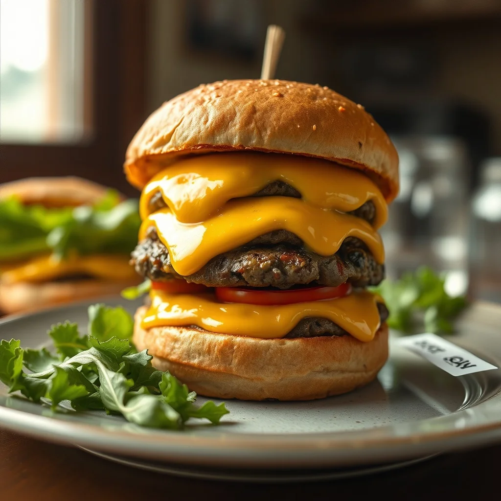 Oil Painting food photo: a stacked smash burger with melted cheese
