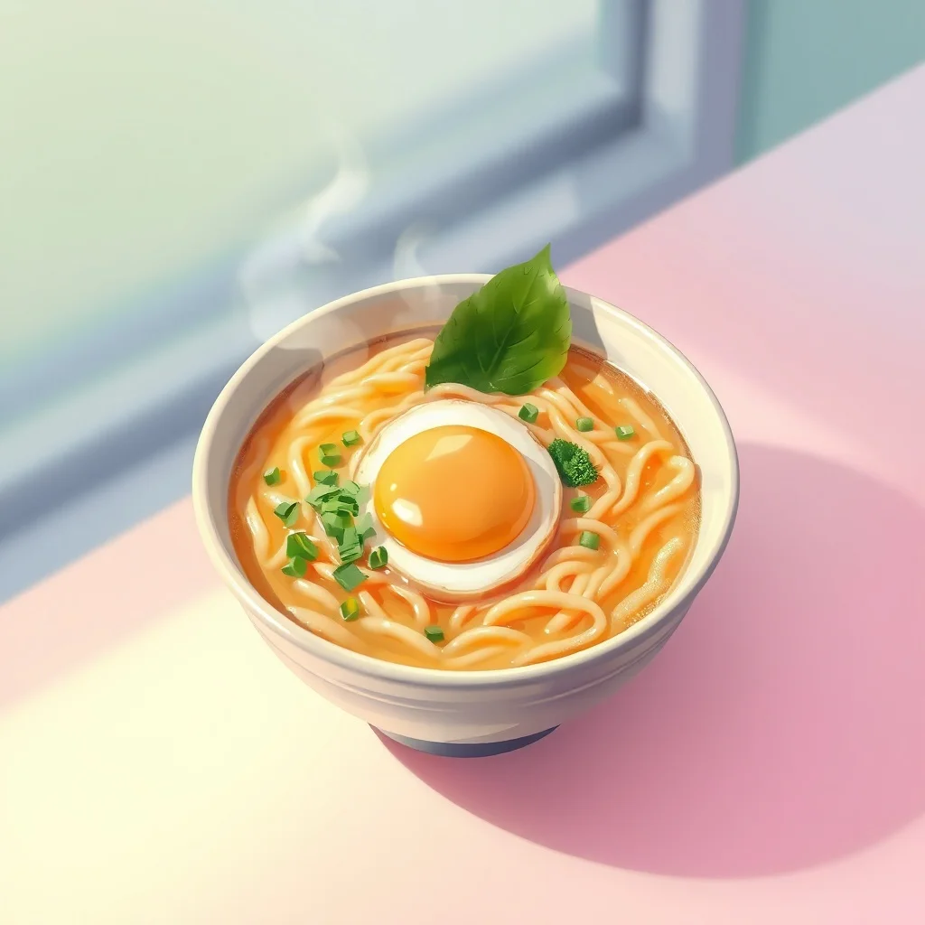 Pastel food photo: a steaming bowl of ramen with soft egg