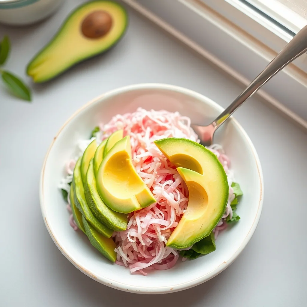 Pastel food photo: a colorful poke bowl with avocado