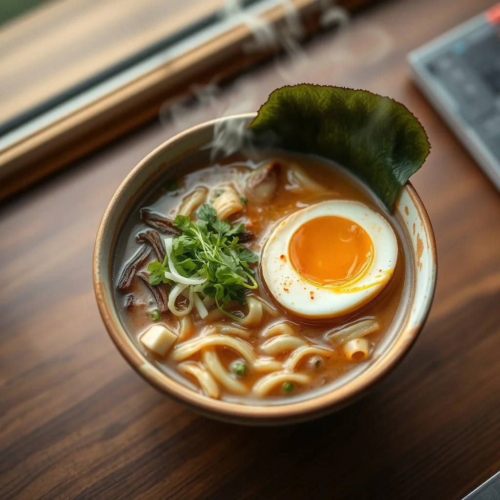Pixel Art food photo: a steaming bowl of ramen with soft egg