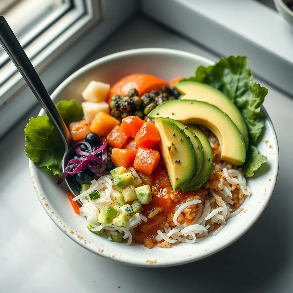 Pixel Art food photo: a colorful poke bowl with avocado