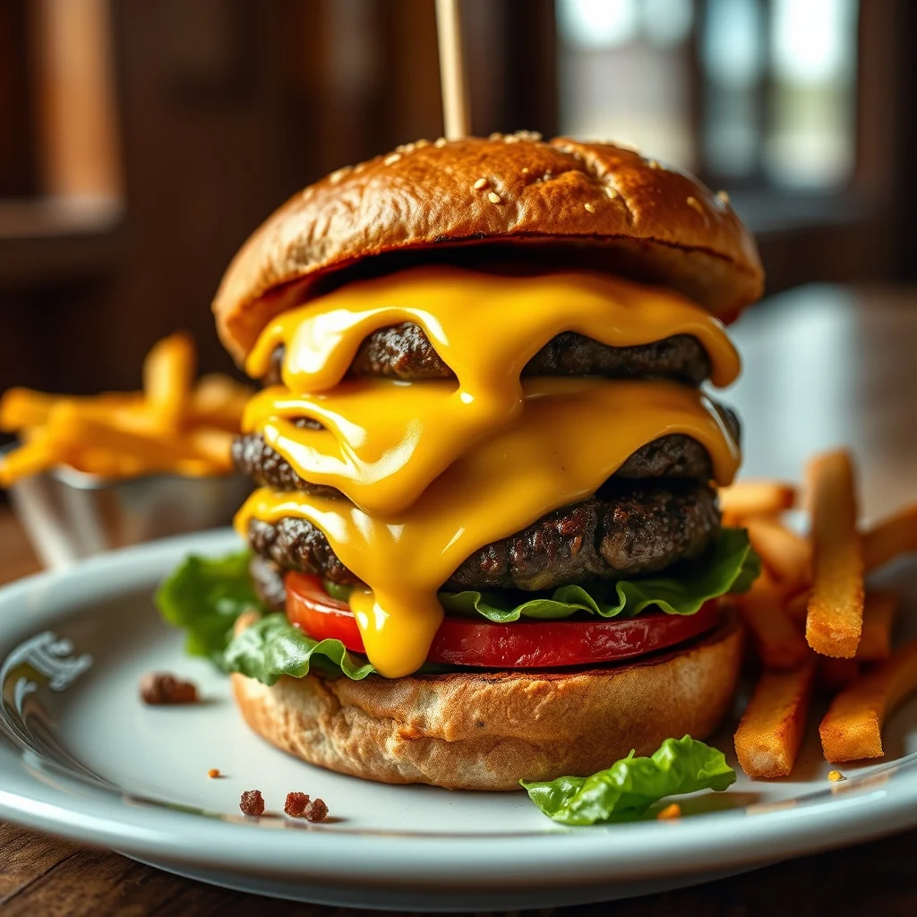 Pop Art food photo: a stacked smash burger with melted cheese