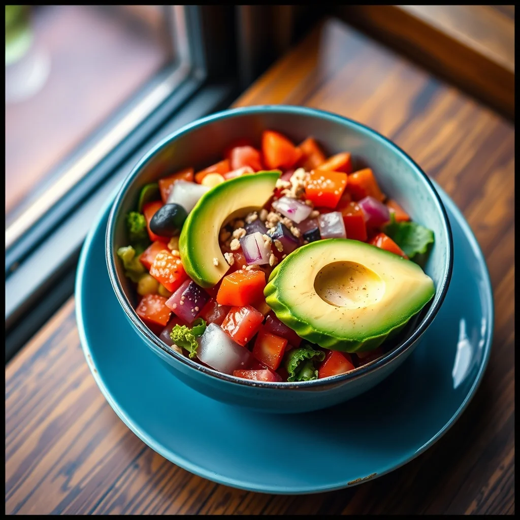 Pop Art food photo: a colorful poke bowl with avocado