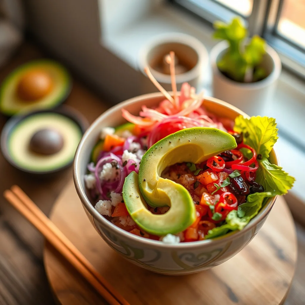 Photorealistic food photo: a colorful poke bowl with avocado