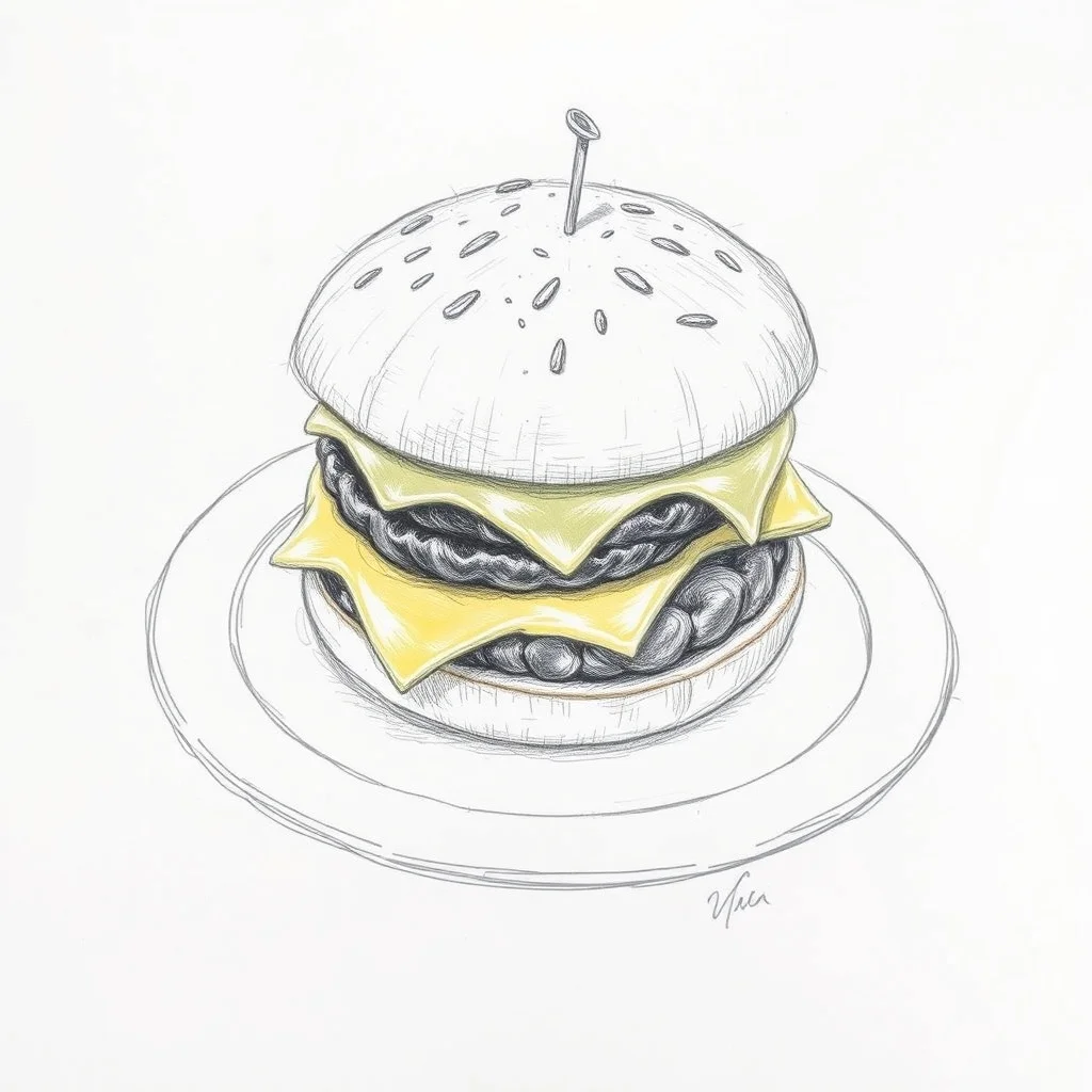 Sketch food photo: a stacked smash burger with melted cheese