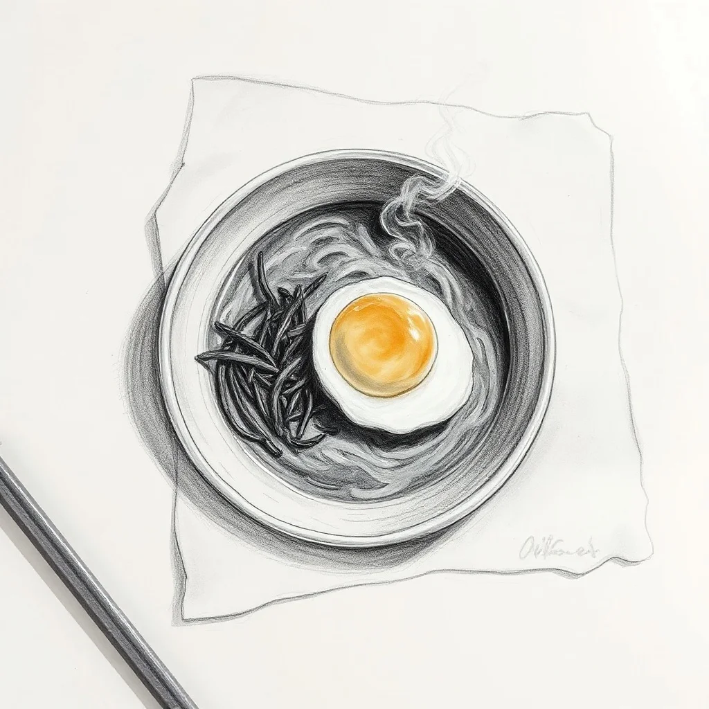 Sketch food photo: a steaming bowl of ramen with soft egg