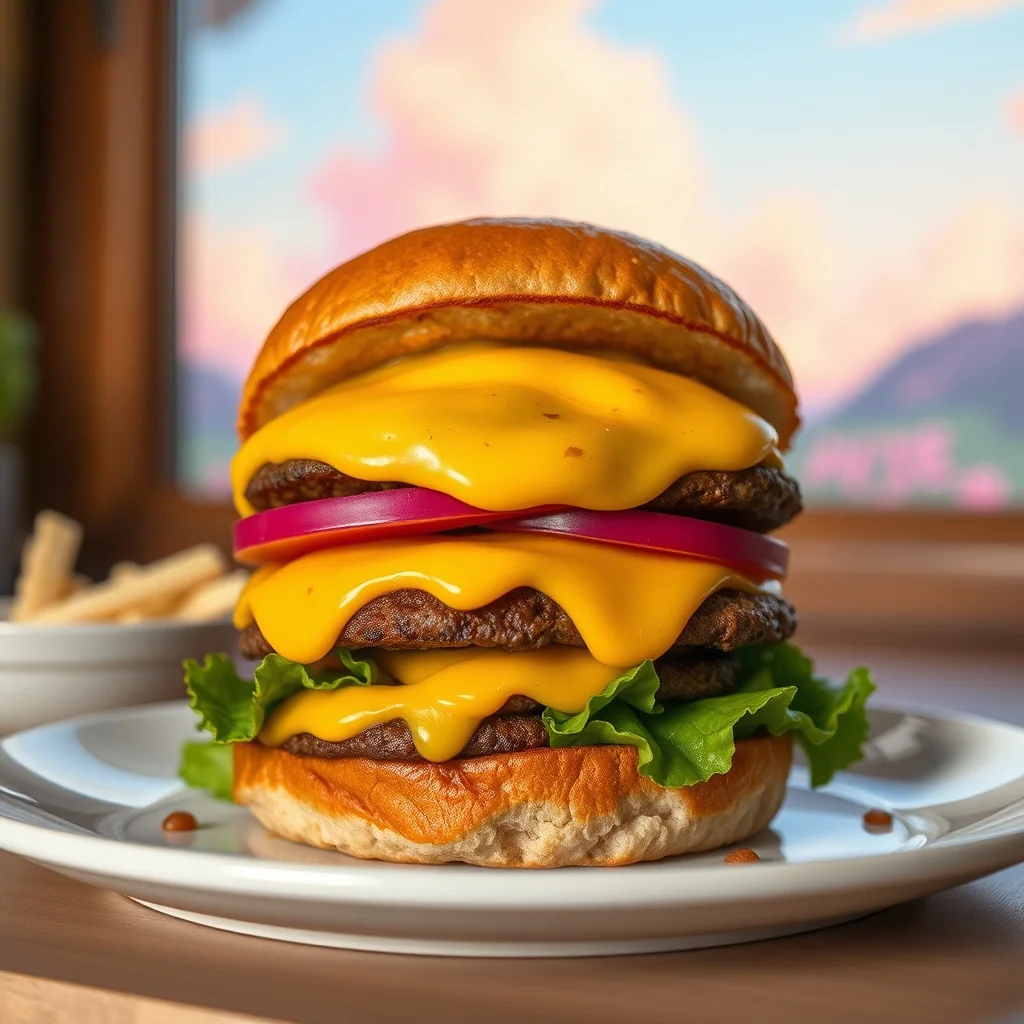 Studio Ghibli food photo: a stacked smash burger with melted cheese