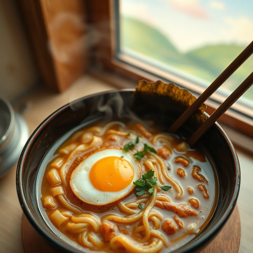Studio Ghibli food photo: a steaming bowl of ramen with soft egg