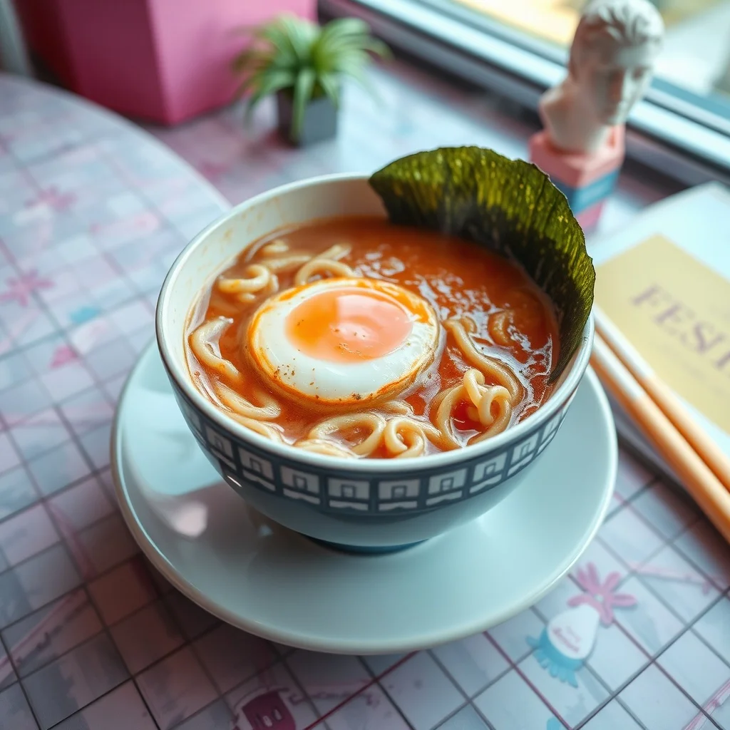 Vaporwave food photo: a steaming bowl of ramen with soft egg
