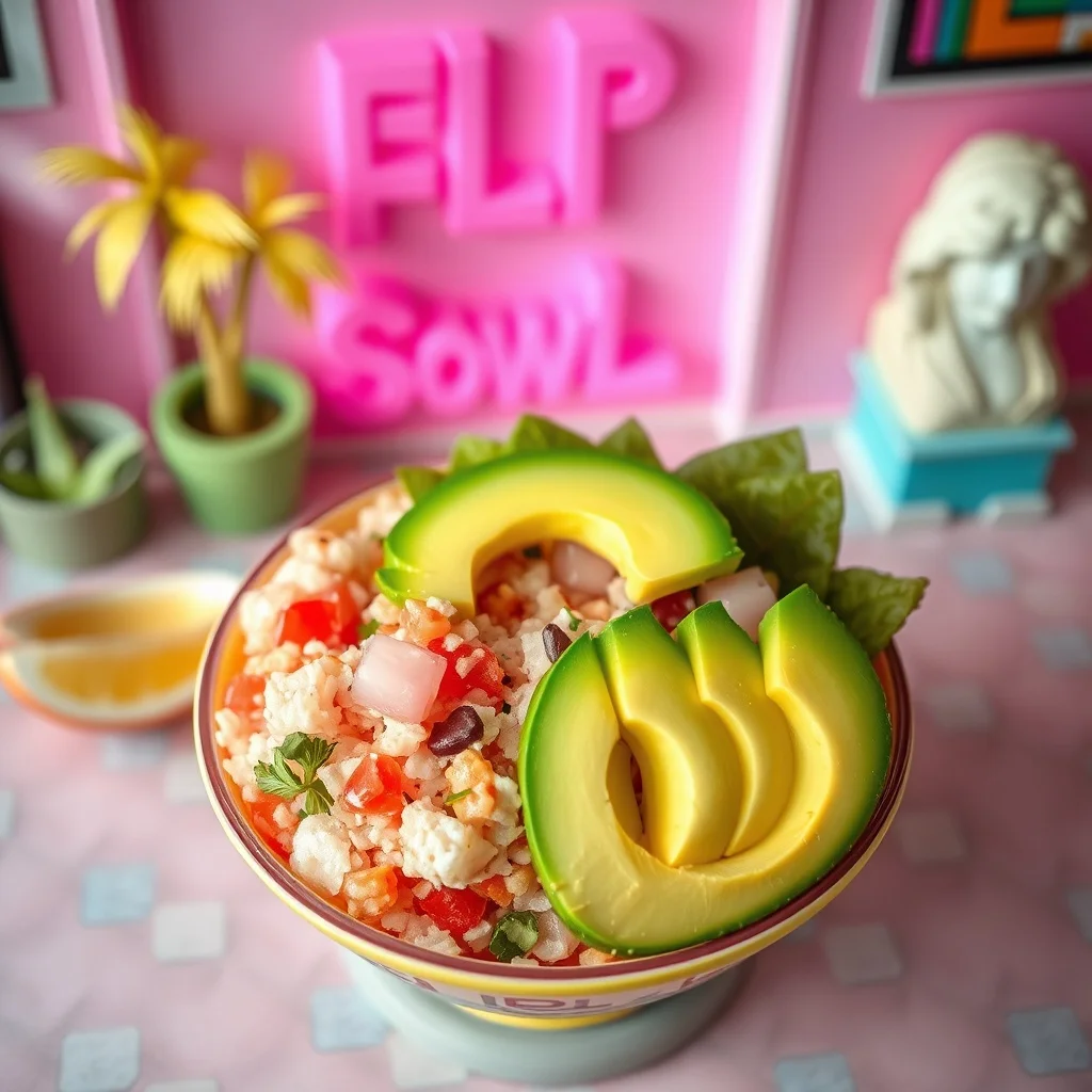 Vaporwave food photo: a colorful poke bowl with avocado