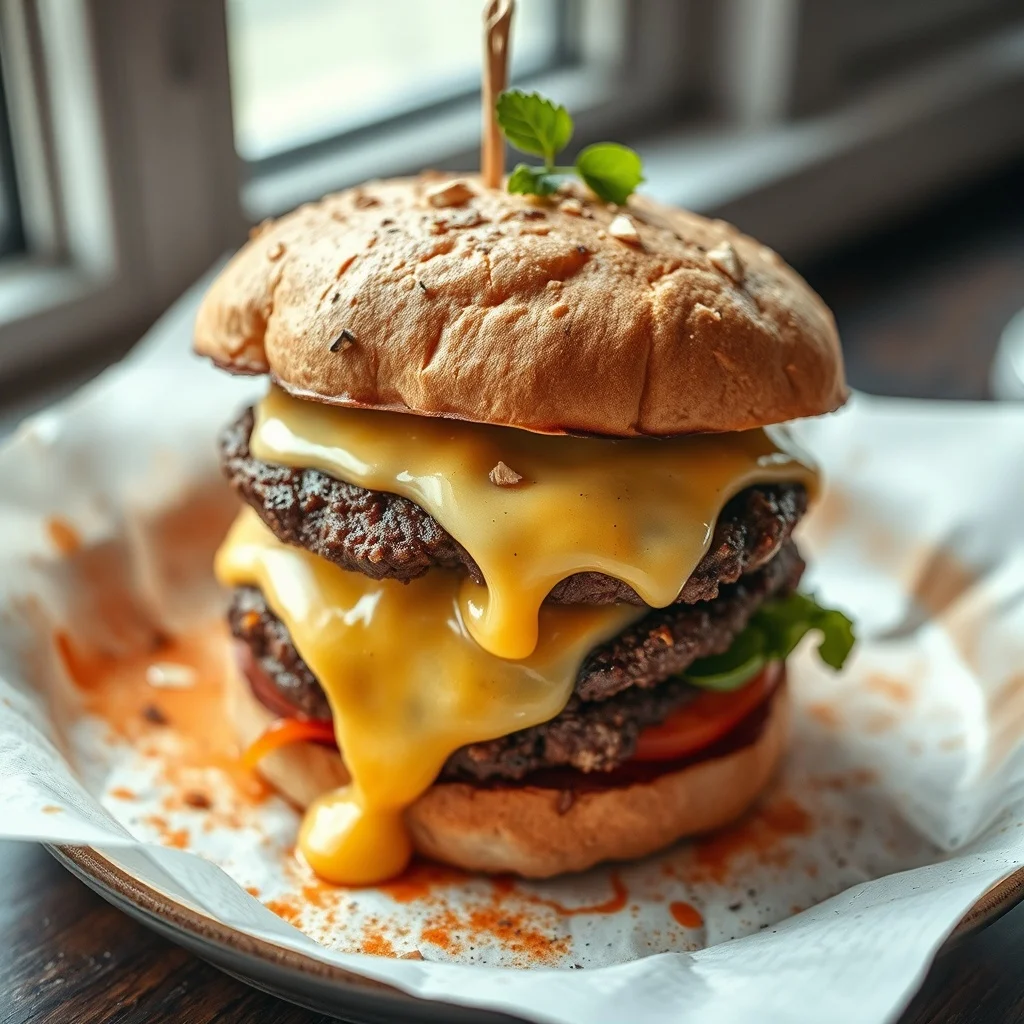 Watercolor food photo: a stacked smash burger with melted cheese