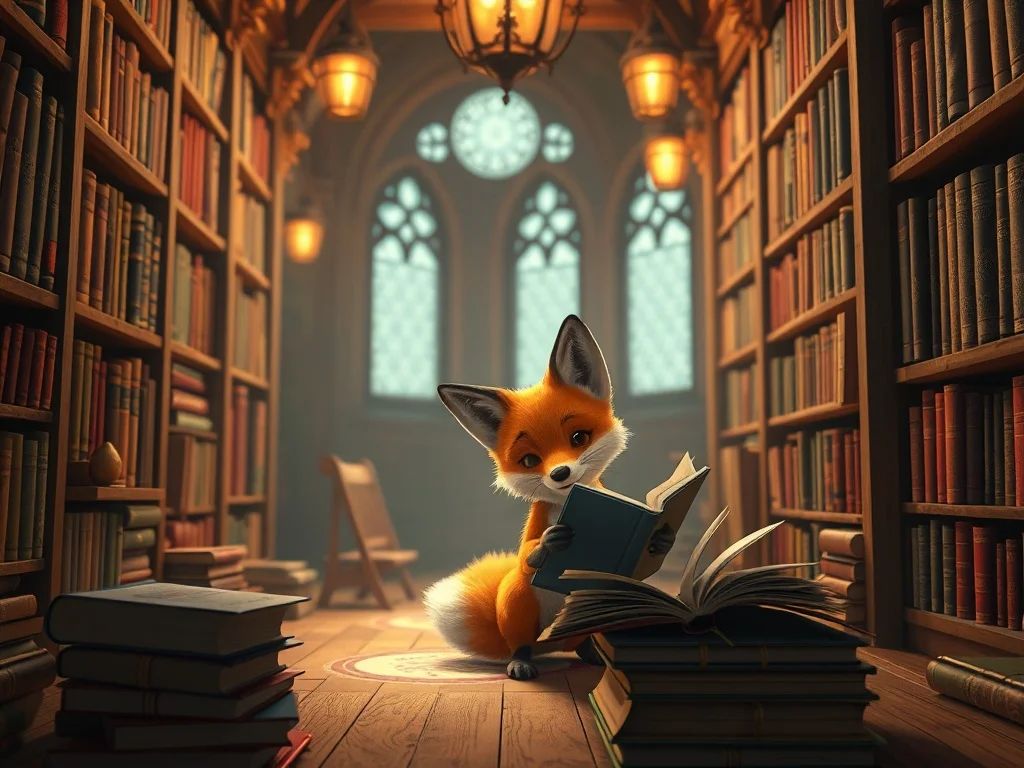 3D Render illustration: a small fox exploring a magical library