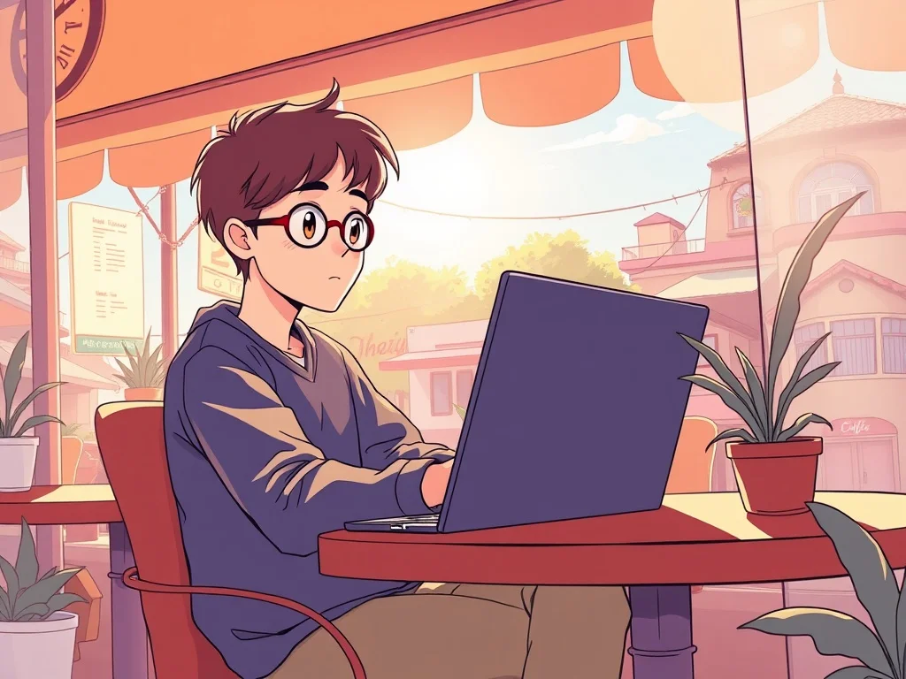 Anime illustration: a person working remotely from a sunny cafe