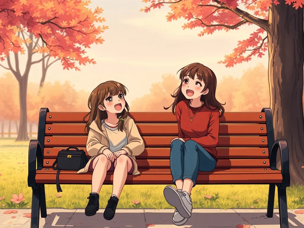 Anime illustration: two friends laughing on a park bench