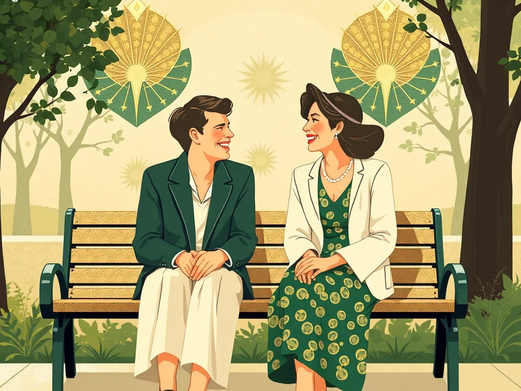 Art Deco illustration: two friends laughing on a park bench