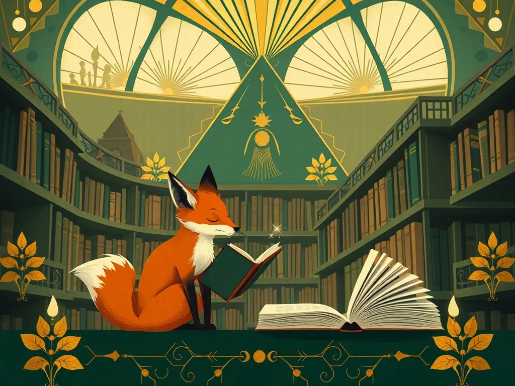 Art Deco illustration: a small fox exploring a magical library