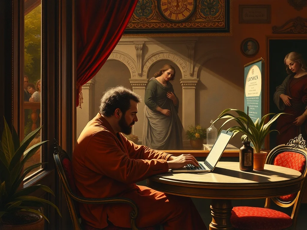 Baroque illustration: a person working remotely from a sunny cafe