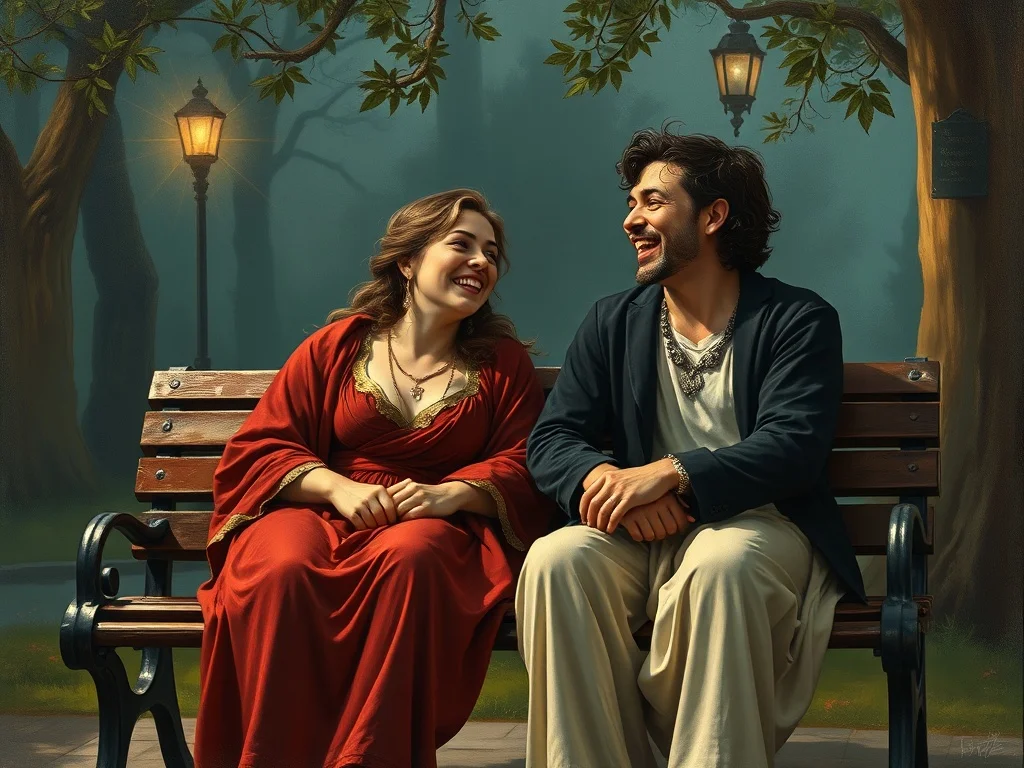Baroque illustration: two friends laughing on a park bench