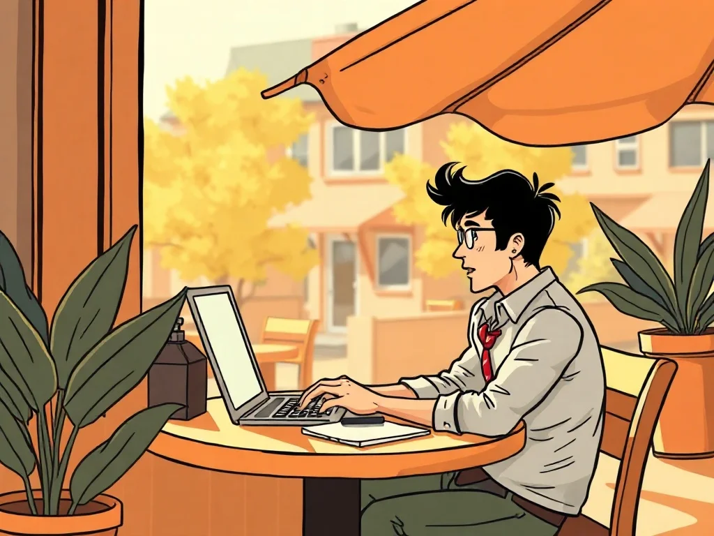 Cartoon illustration: a person working remotely from a sunny cafe